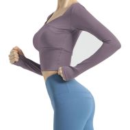 Women Fitness Long Sleeve Yoga Wear Seamless Crop Top Purple
