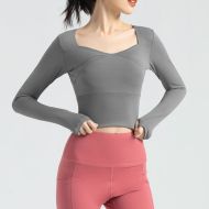 Women Fitness Long Sleeve Yoga Wear Seamless Crop Top Grey