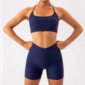 New Design Yoga 2 Pieces Womens Ribbed Training Wear Navy Blue