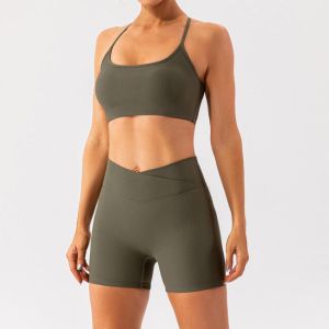 New Design Yoga 2 Pieces Womens Ribbed Training Wear Olive